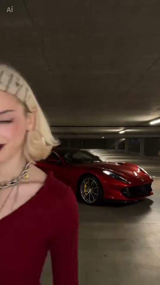 Red sports car revealed in the underground garage.